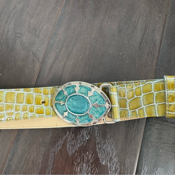 Vintage Italian Croc-Embossed Leather Belt with Turquoise Mosaic Buckle 41.5” L - Picture 3 of 5